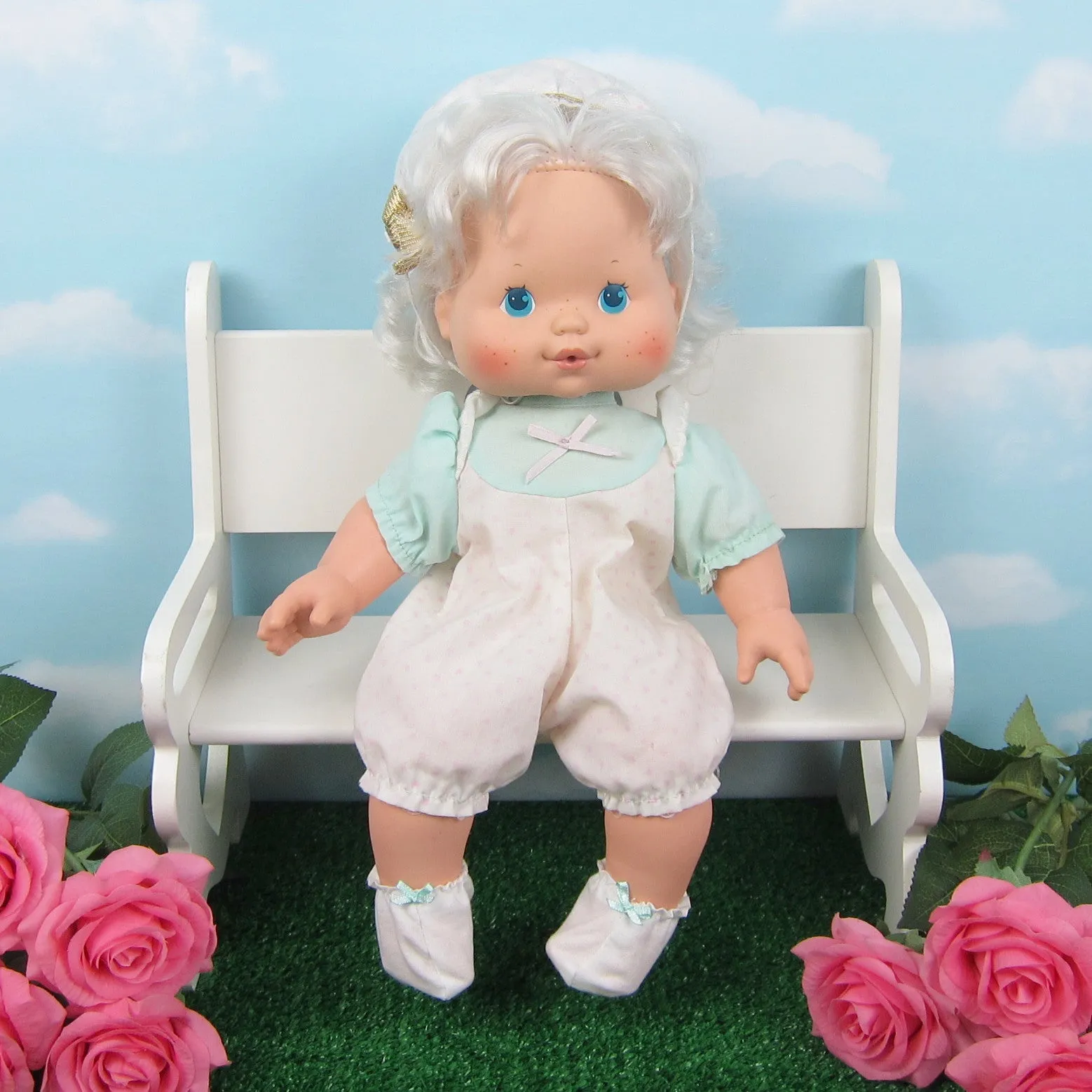 Baby Doll Booties - White with Aqua Bow
