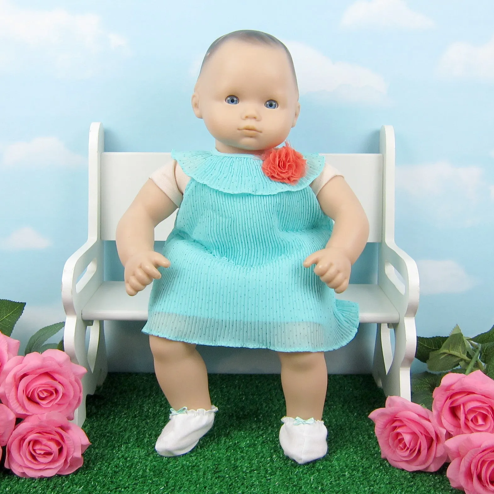 Baby Doll Booties - White with Aqua Bow