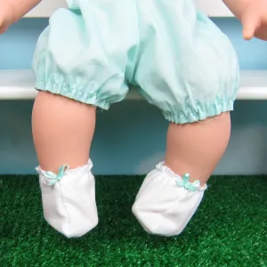 Baby Doll Booties - White with Aqua Bow
