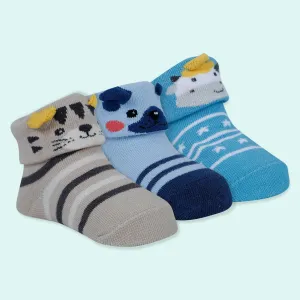 Baby Moo Tiger Puppy 3D Rattle Anti-Skid Socks Booties Pack of 3 - Blue, Beige