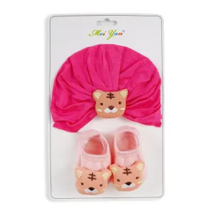 Baby Turban Cap & Booties Set Tiger Dark Pink - Sunshine