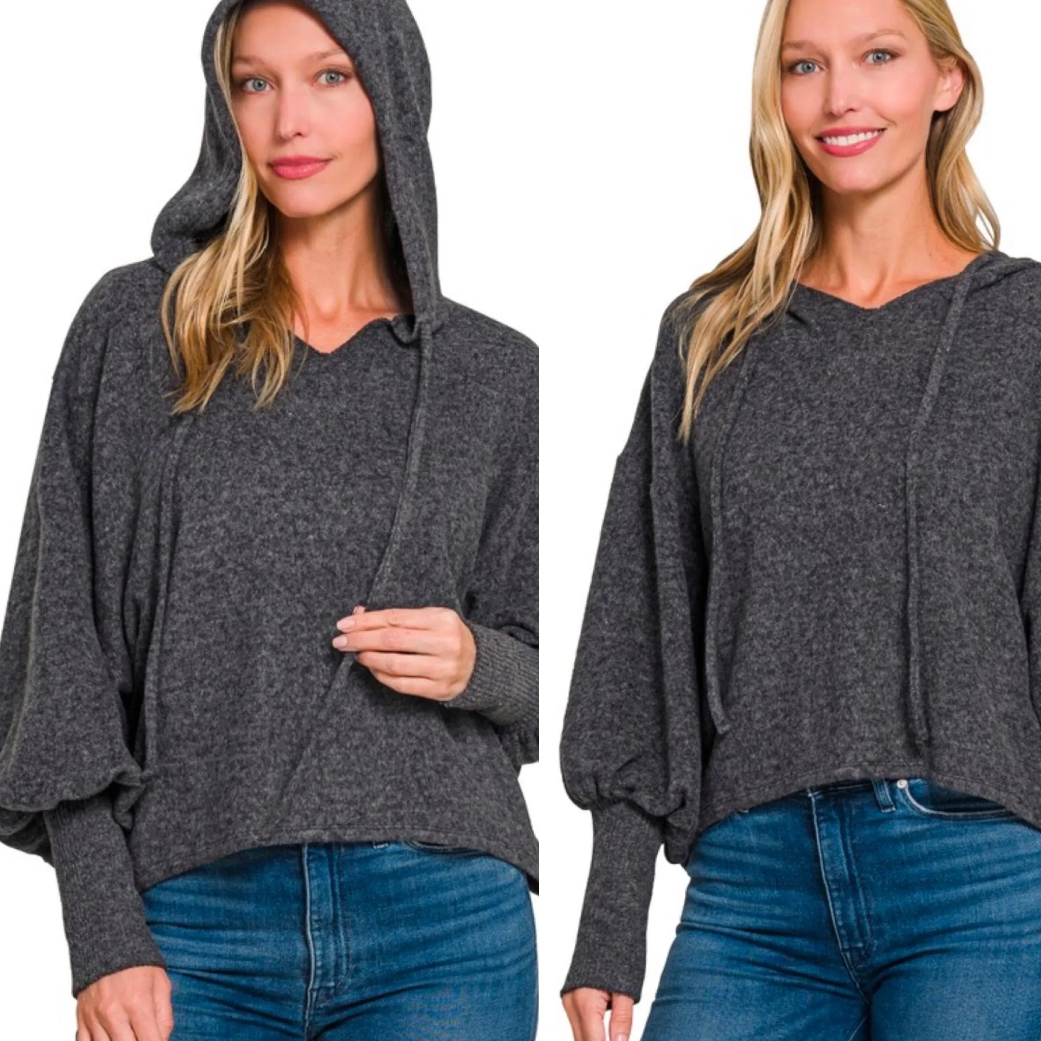 Balloon Sleeve Hooded Sweater - Static Black