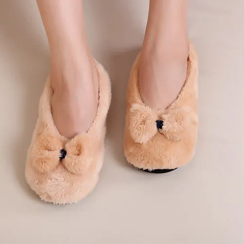 Big Bow Knot Warm Soft Sole Women Indoor Floor Slippers/Shoes Bow Tie Flannel Home Slippers