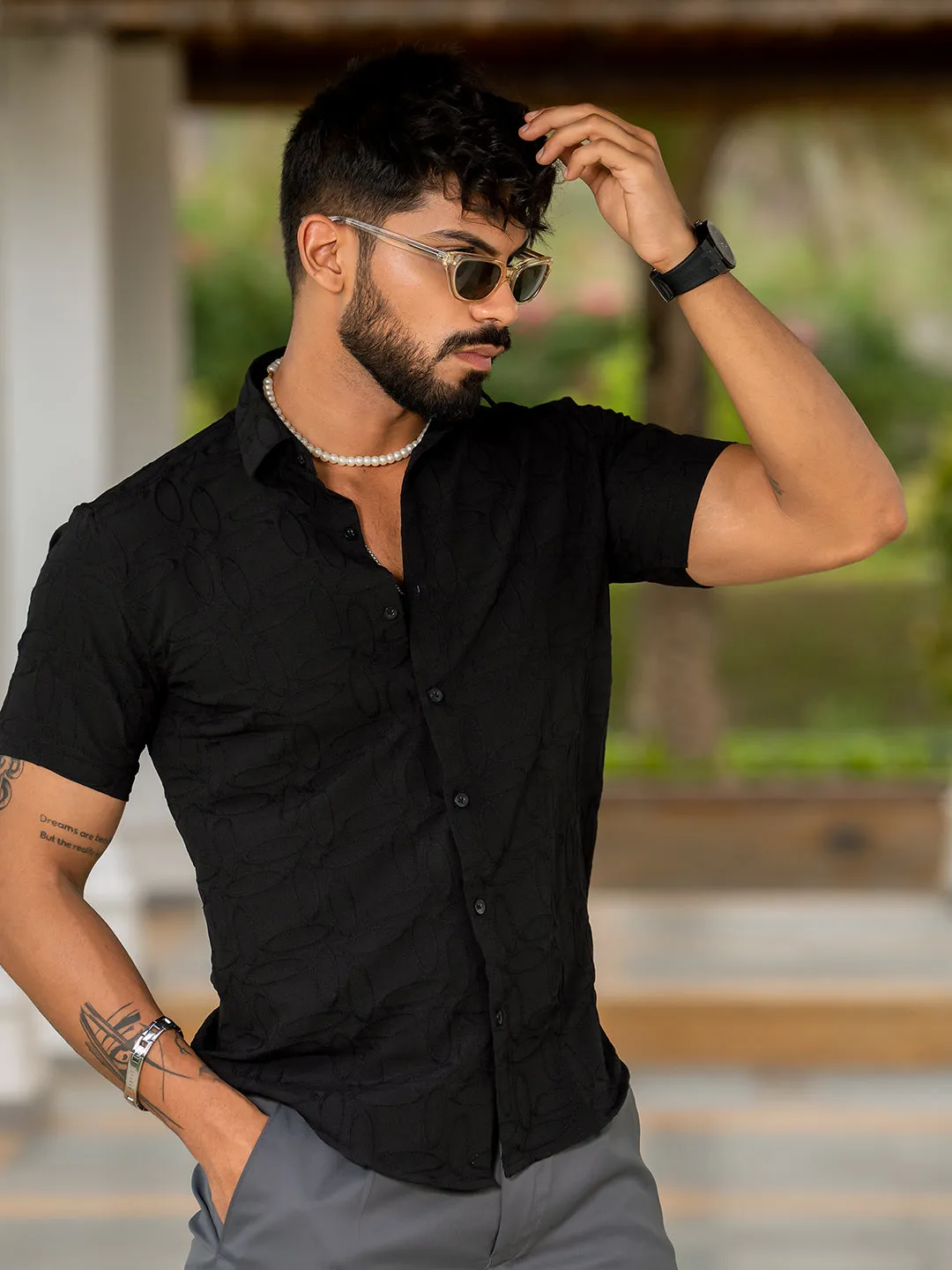 Black Jacquard Oval Designer  Embossed  Half Sleeve Shirt