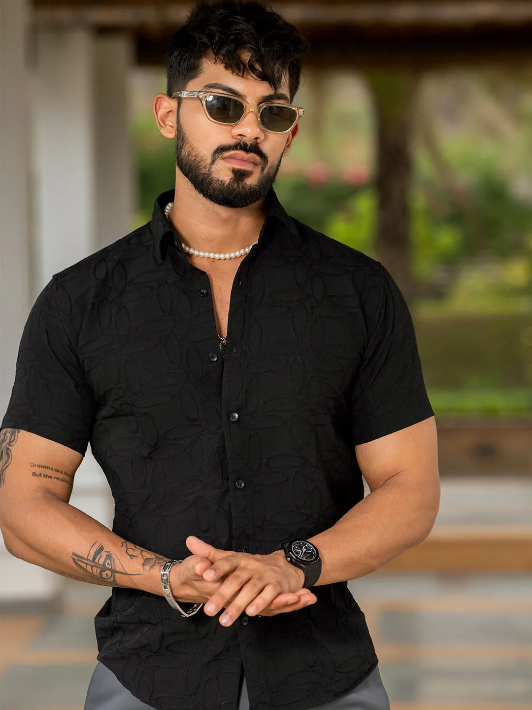 Black Jacquard Oval Designer  Embossed  Half Sleeve Shirt