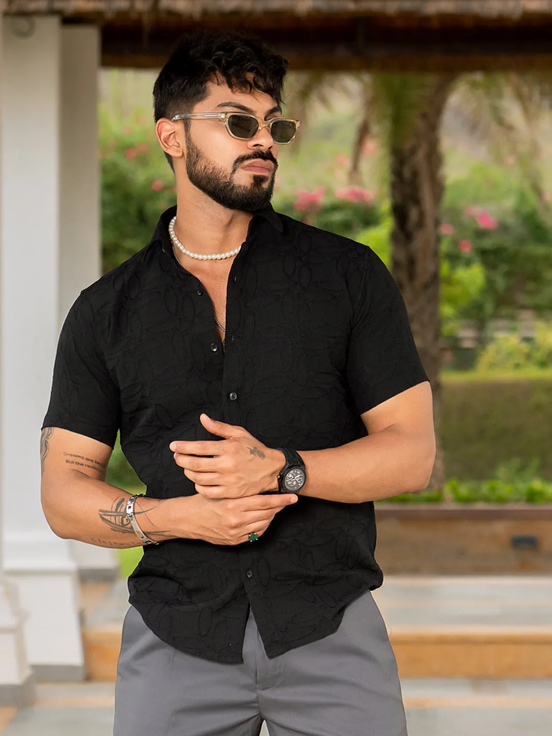 Black Jacquard Oval Designer  Embossed  Half Sleeve Shirt