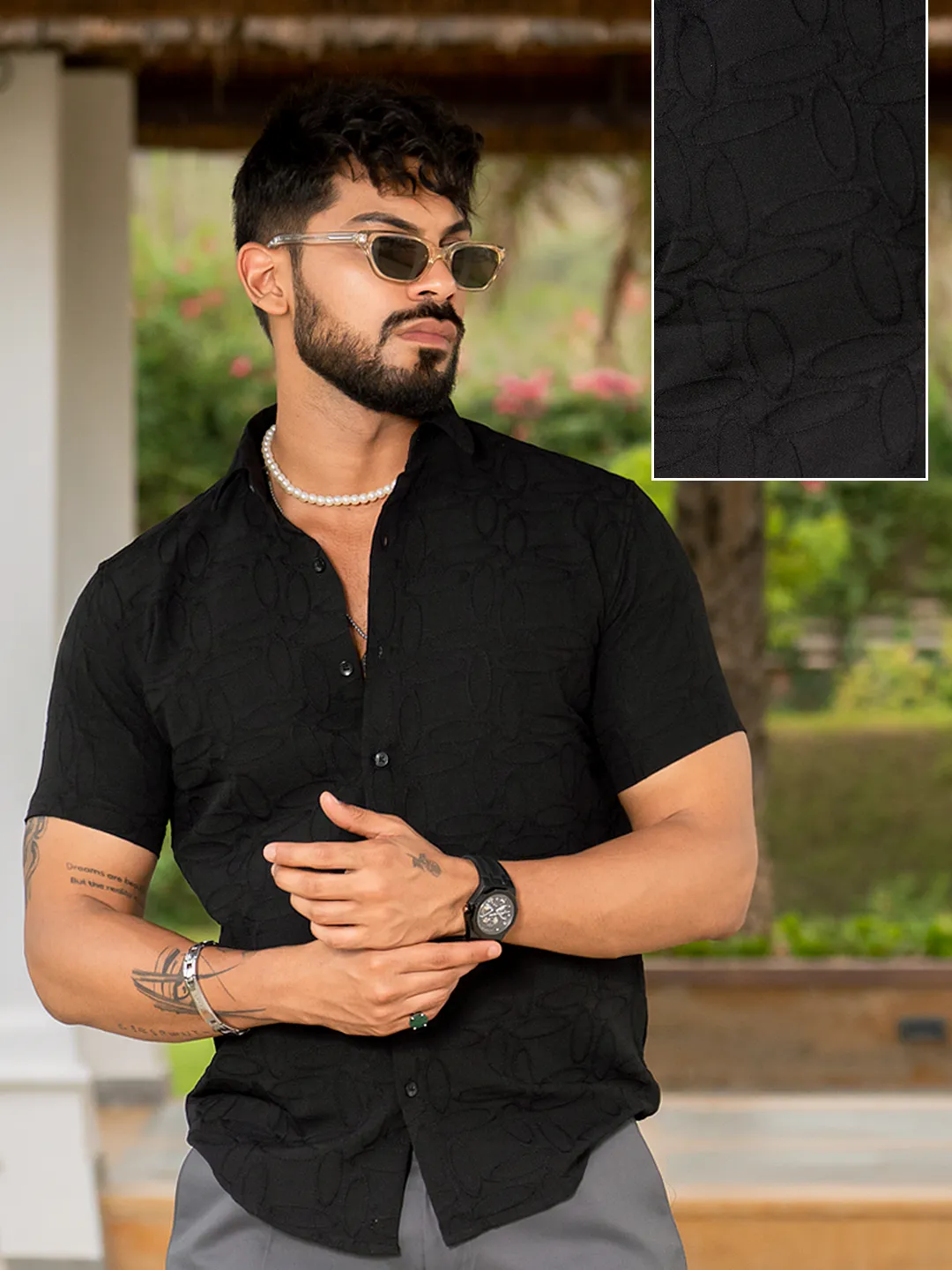 Black Jacquard Oval Designer  Embossed  Half Sleeve Shirt