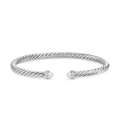 Cablespira Flex Bracelet in Sterling Silver with Pearls and Diamonds, 4mm, Size Small