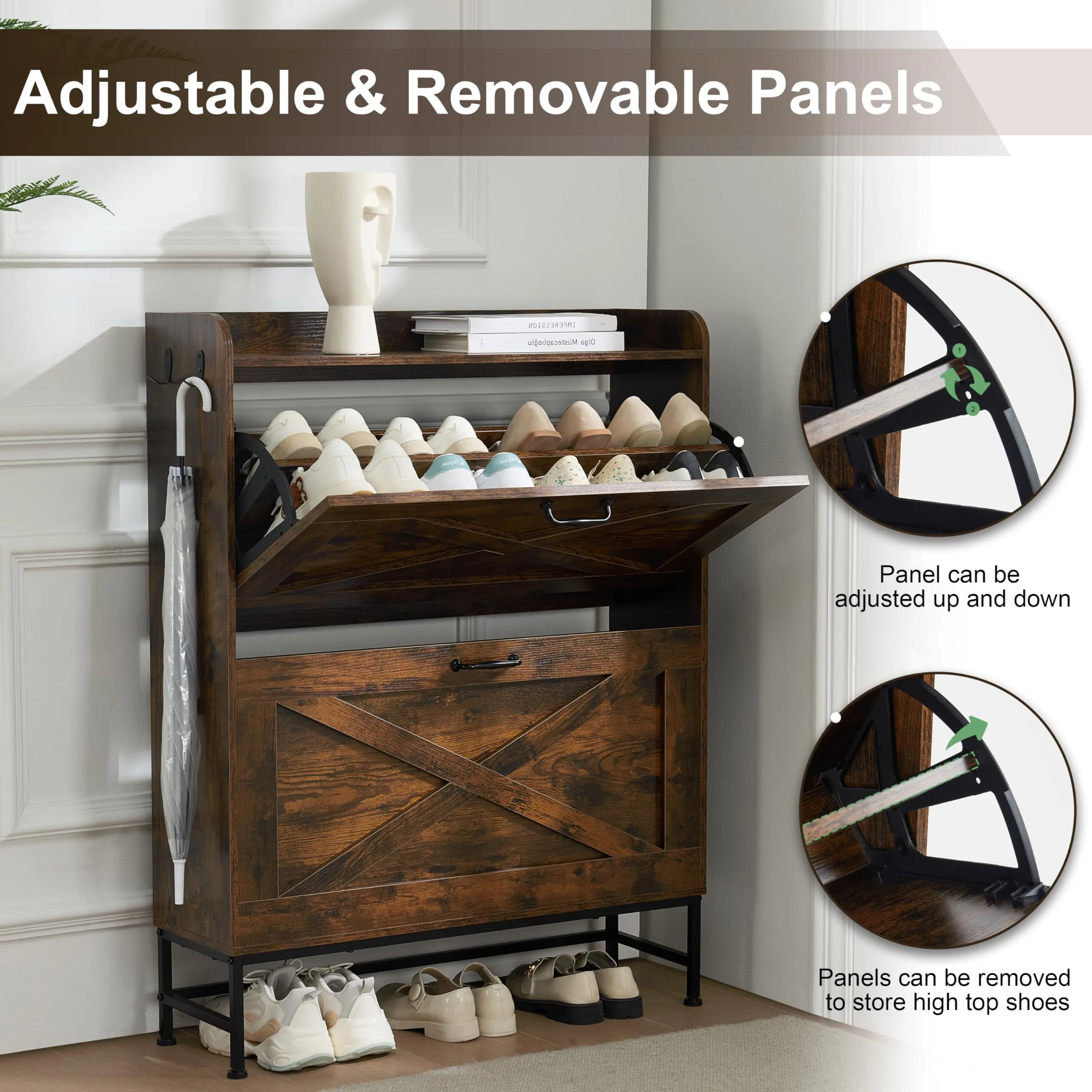 Chilihom Narrow Shoe Cabinet Storage for Entryway, Shoe Organizer with 2 Flip Drawers, Hidden Shoe Storage Slim Storage Cabinet with Metal Legs, Farmhouse Free Standing Shoe Rack Cabinet, Rustic Brown
