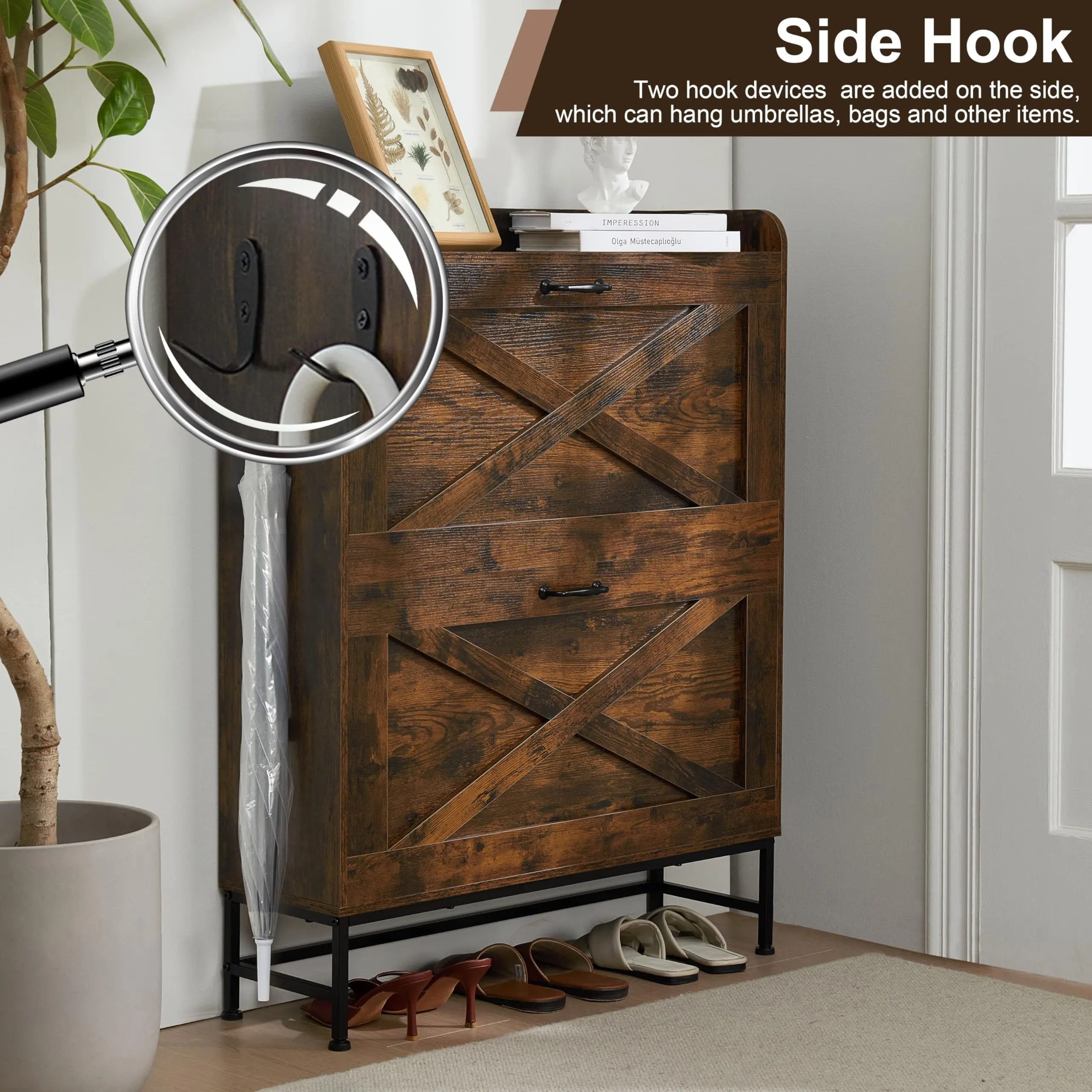 Chilihom Narrow Shoe Cabinet Storage for Entryway, Shoe Organizer with 2 Flip Drawers, Hidden Shoe Storage Slim Storage Cabinet with Metal Legs, Farmhouse Free Standing Shoe Rack Cabinet, Rustic Brown