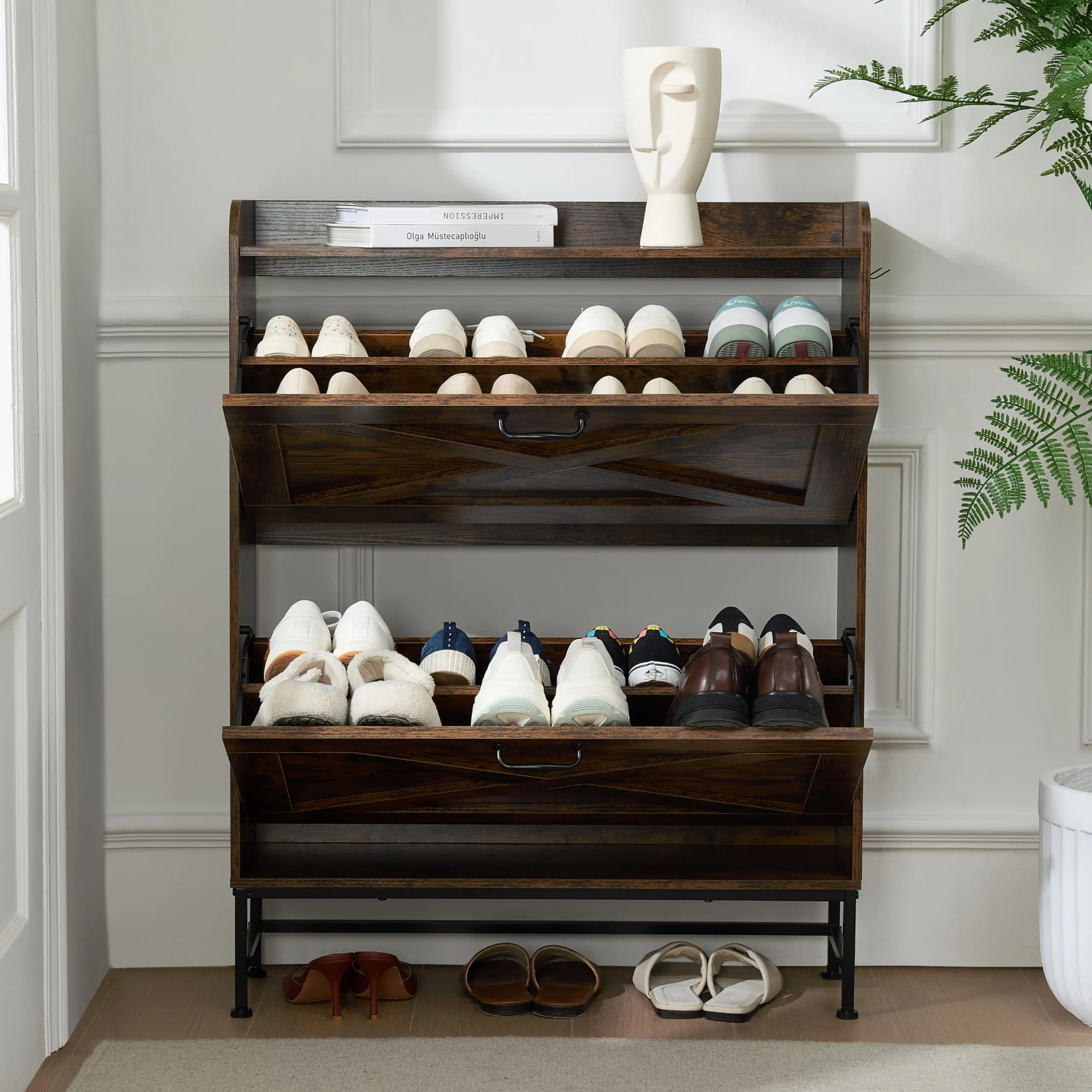 Chilihom Narrow Shoe Cabinet Storage for Entryway, Shoe Organizer with 2 Flip Drawers, Hidden Shoe Storage Slim Storage Cabinet with Metal Legs, Farmhouse Free Standing Shoe Rack Cabinet, Rustic Brown