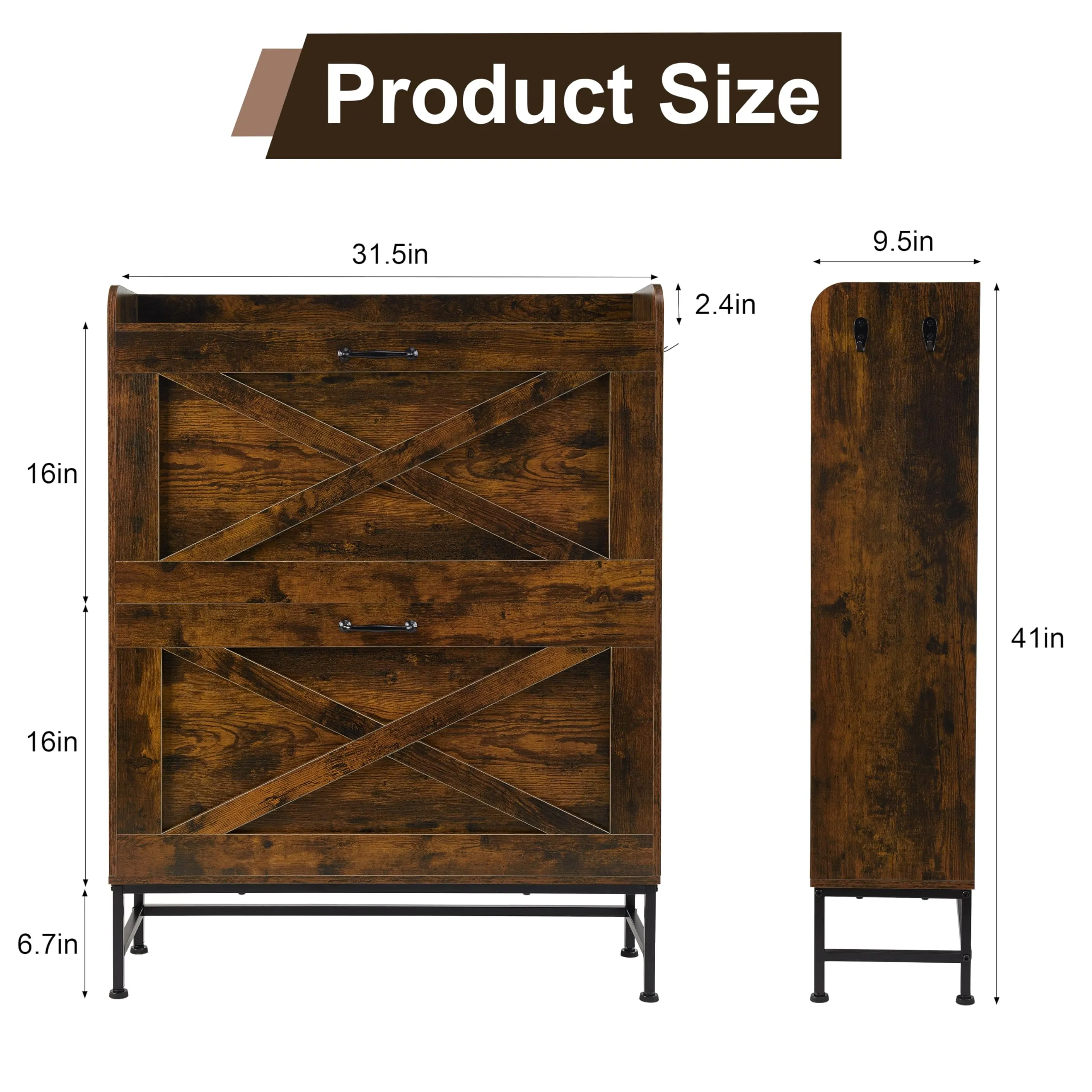 Chilihom Narrow Shoe Cabinet Storage for Entryway, Shoe Organizer with 2 Flip Drawers, Hidden Shoe Storage Slim Storage Cabinet with Metal Legs, Farmhouse Free Standing Shoe Rack Cabinet, Rustic Brown