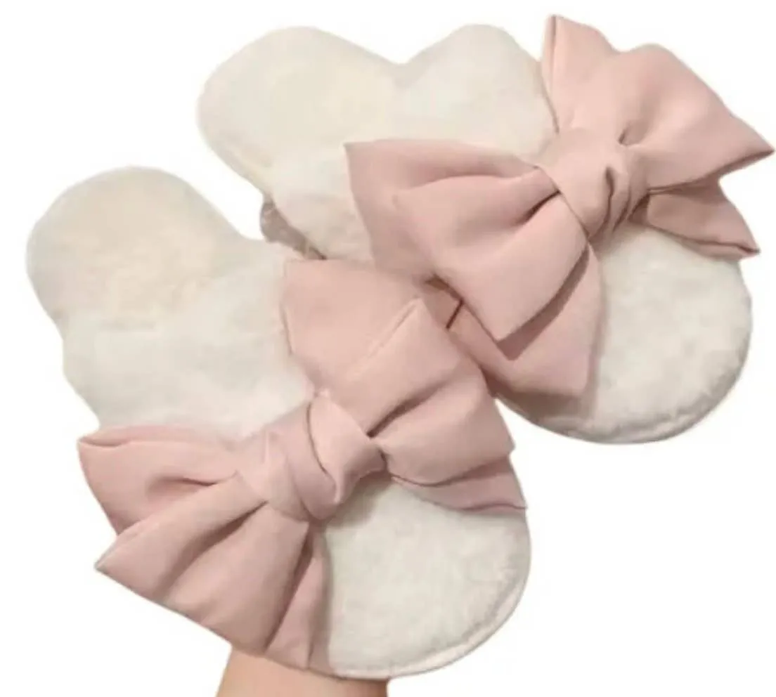 Christa Cozy Bow Slippers cream w/Pink bows : Medium