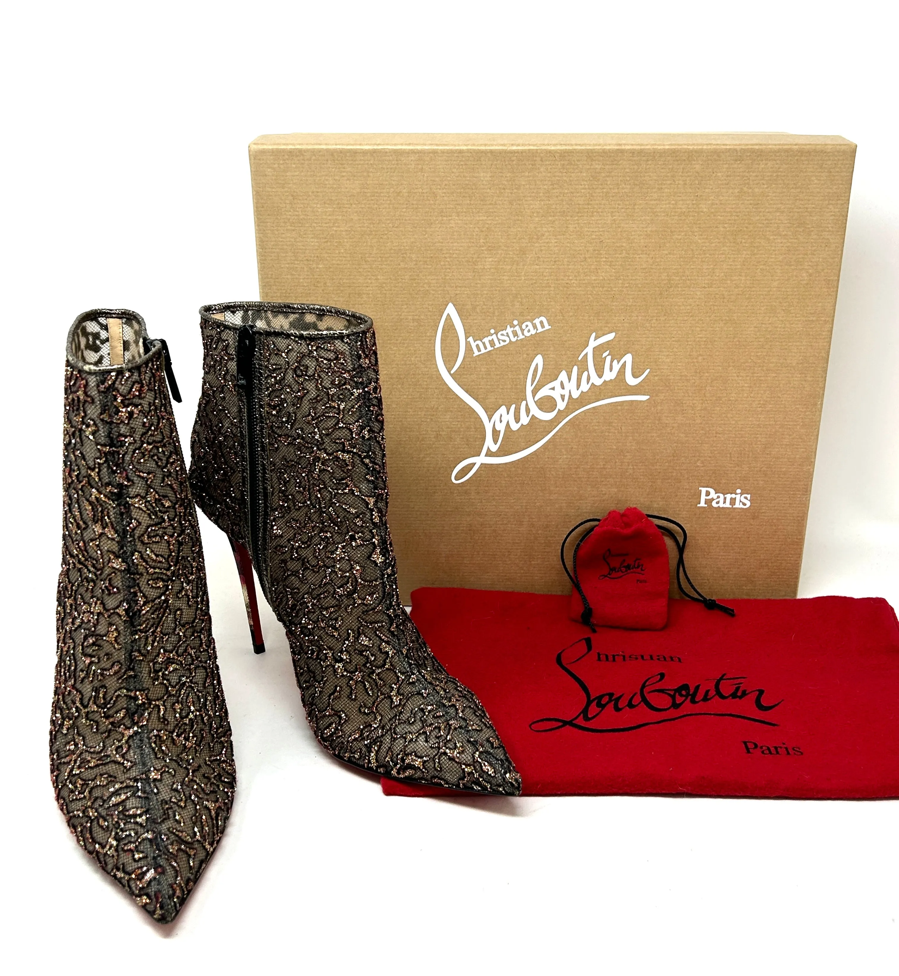 Christian Louboutin Nancy Bootie 100 Multicolored Glitter Tulle Heel Boots 40 UK 7