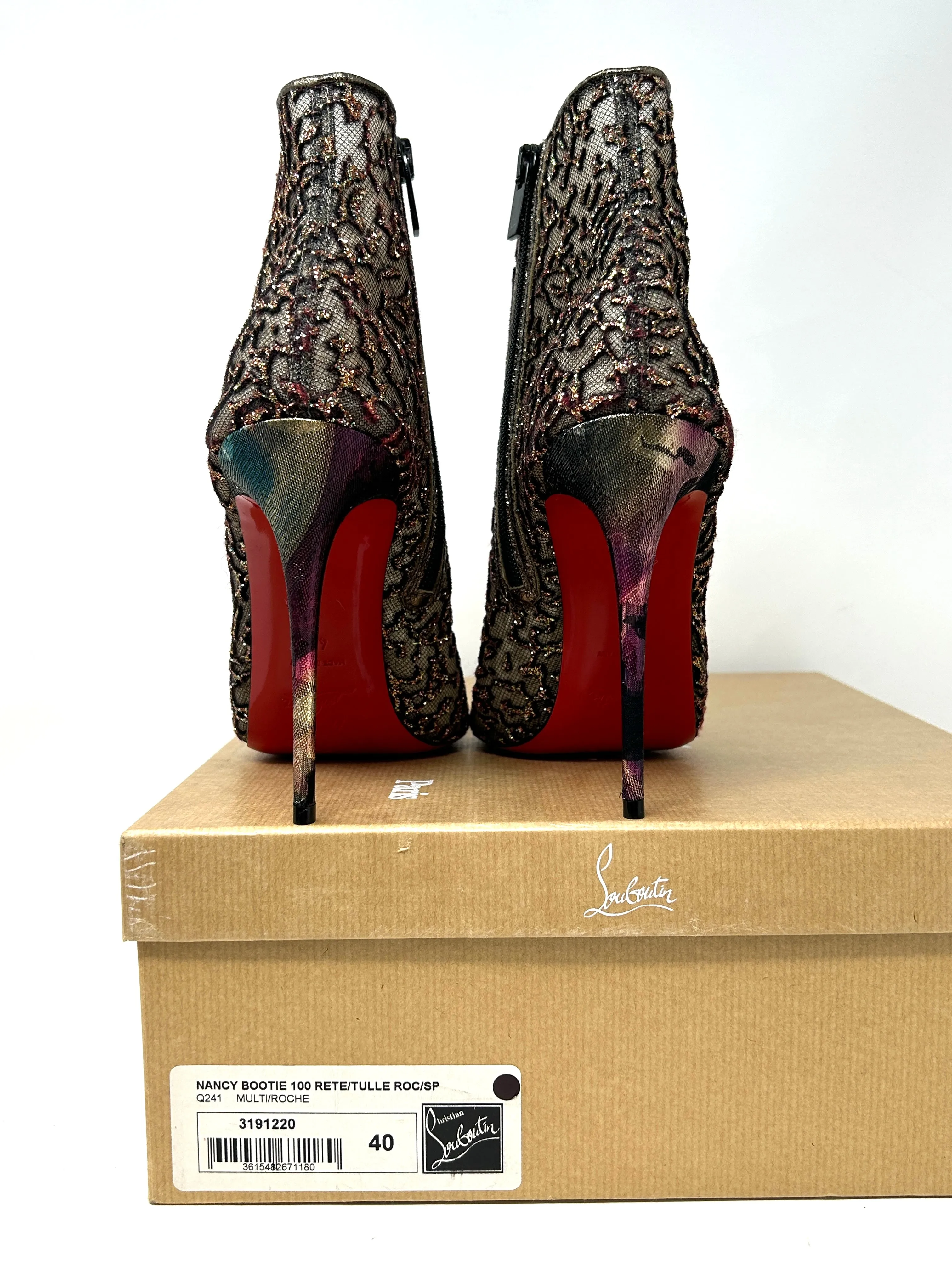Christian Louboutin Nancy Bootie 100 Multicolored Glitter Tulle Heel Boots 40 UK 7