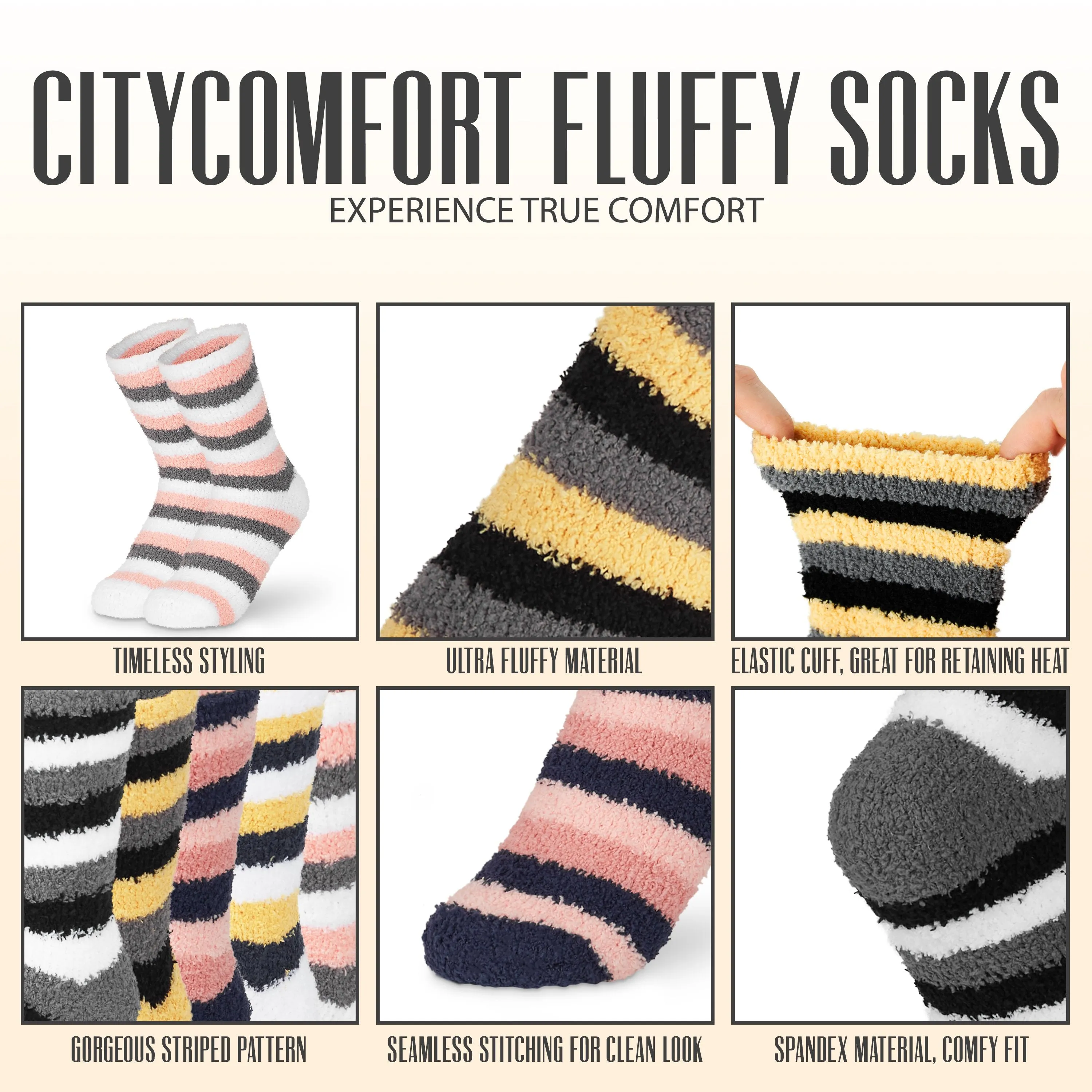 CityComfort Striped Fluffy Socks, Women Warm Slipper Socks 5-Pack, Winter Gifts For Her