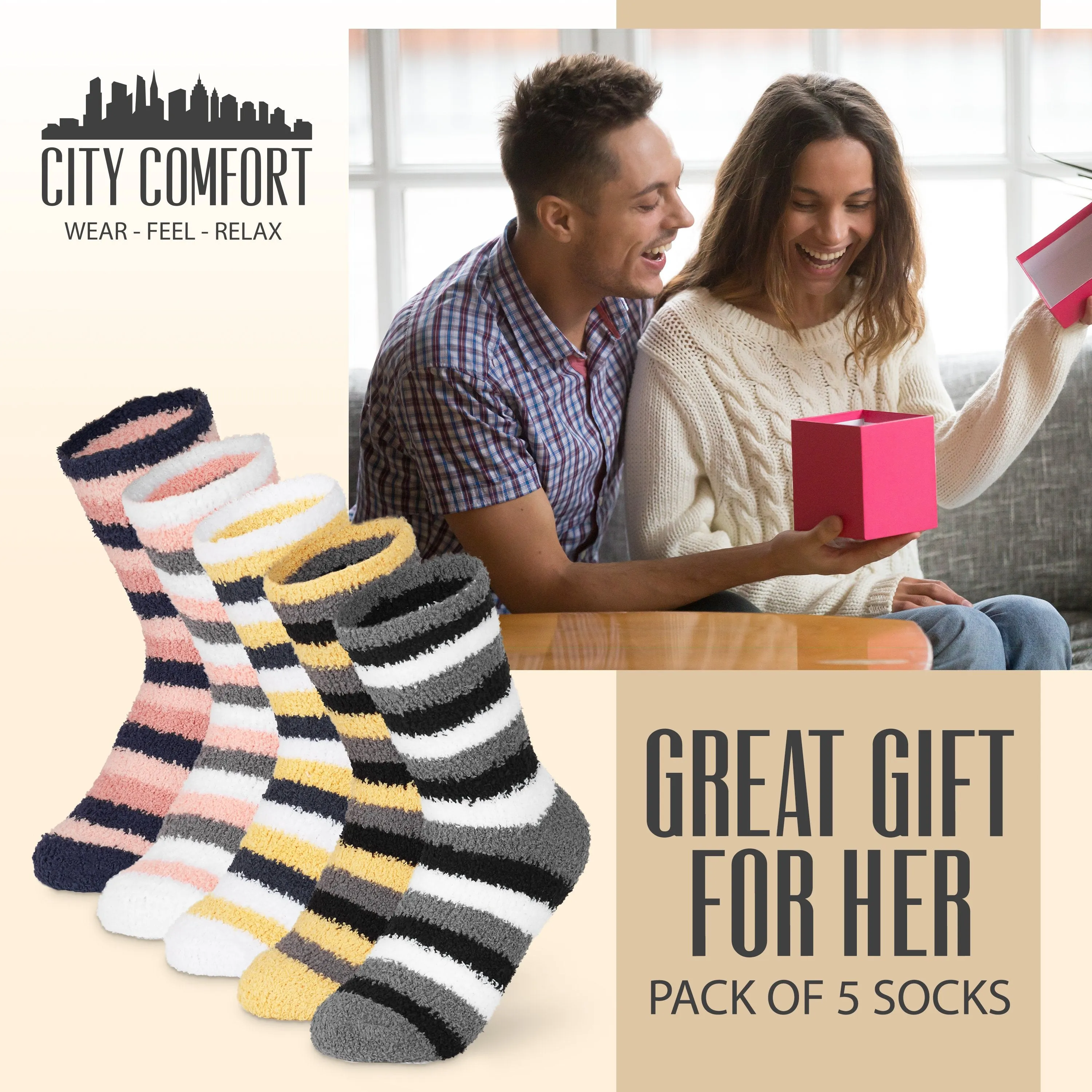 CityComfort Striped Fluffy Socks, Women Warm Slipper Socks 5-Pack, Winter Gifts For Her