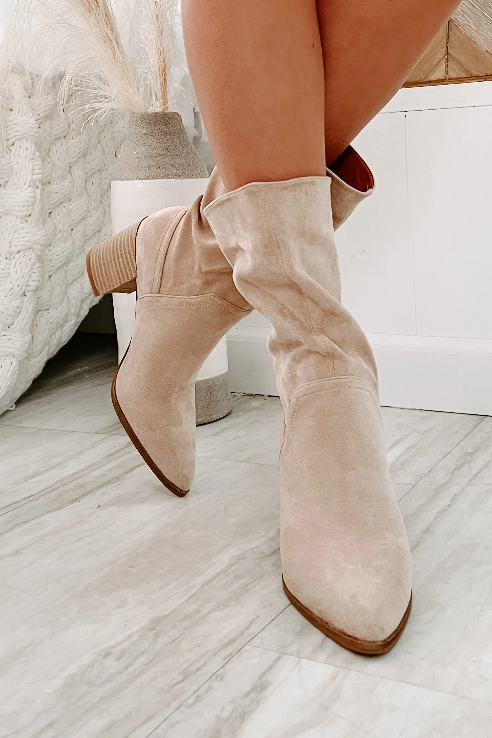 Don't Test Me Slouchy Pointed Toe Booties (Taupe)