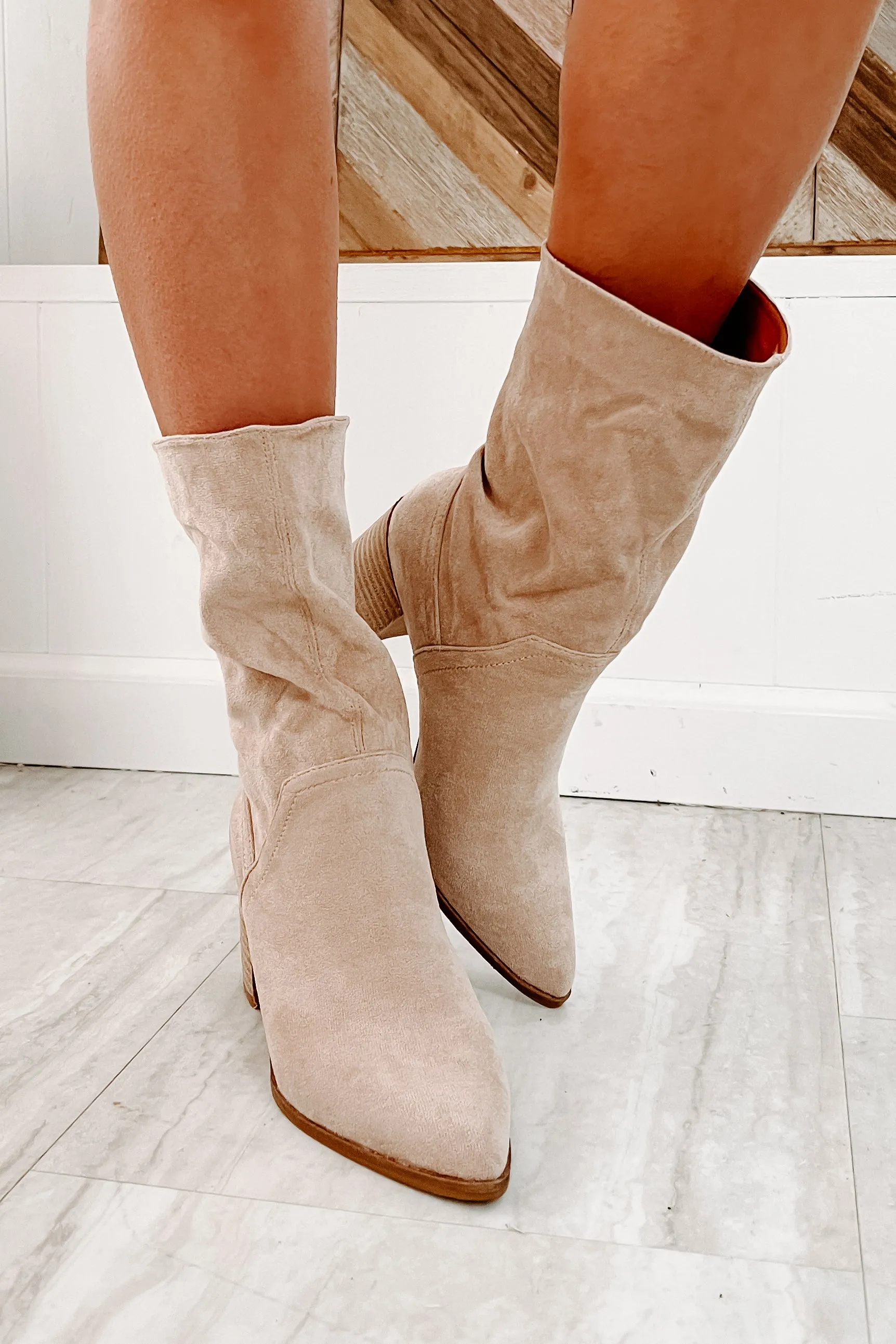 Don't Test Me Slouchy Pointed Toe Booties (Taupe)