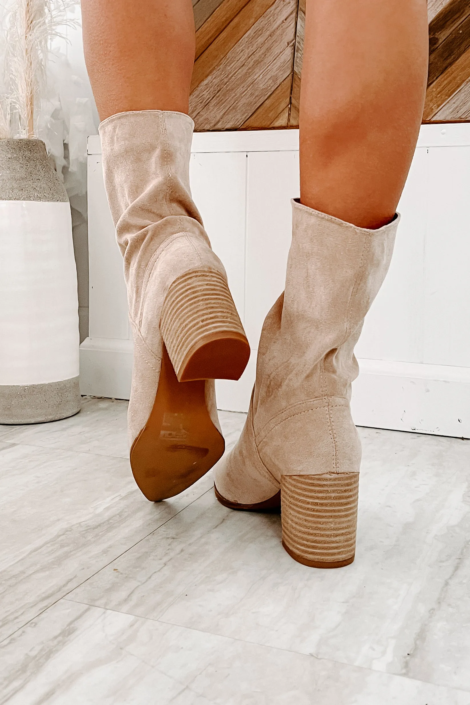 Don't Test Me Slouchy Pointed Toe Booties (Taupe)