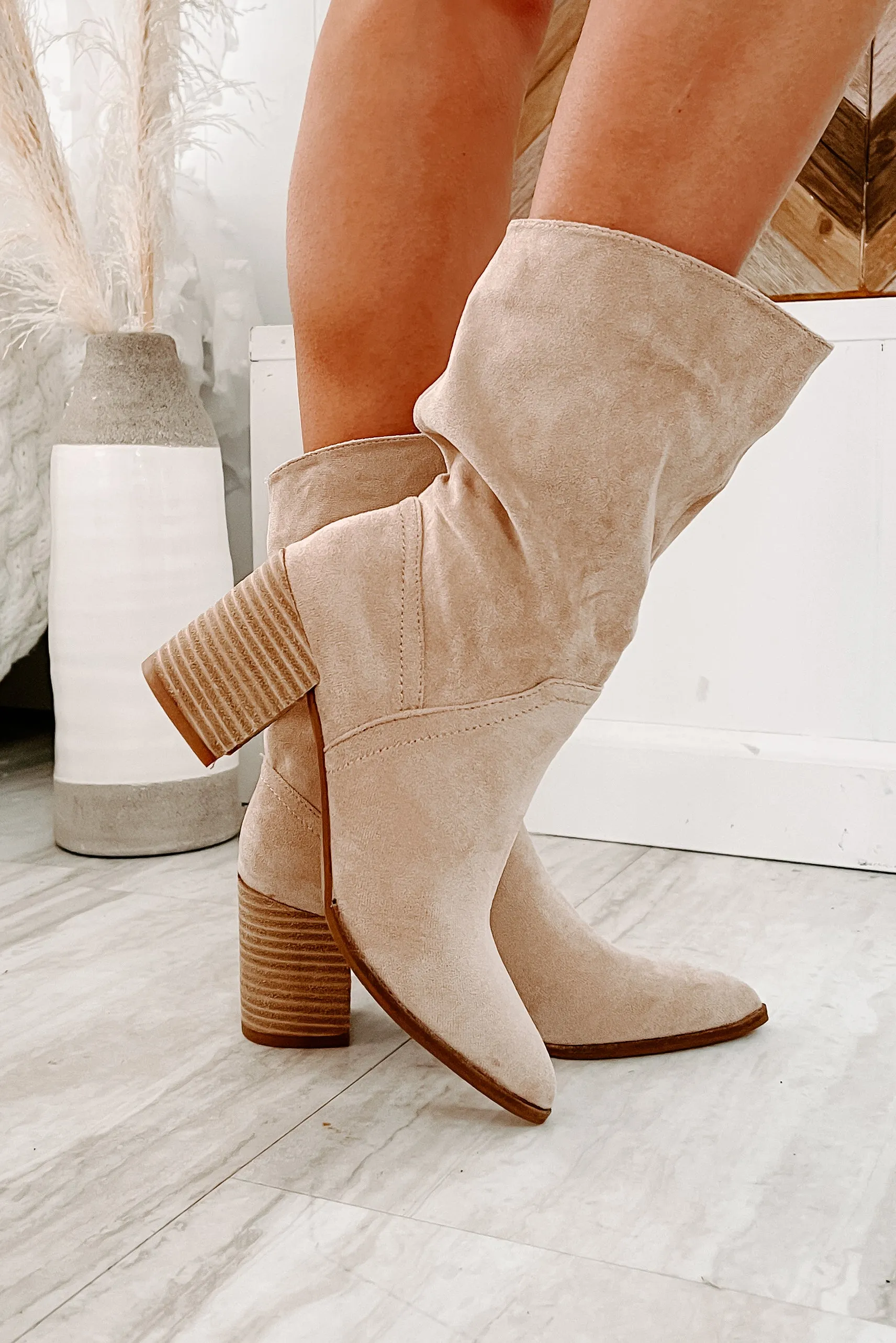 Don't Test Me Slouchy Pointed Toe Booties (Taupe)