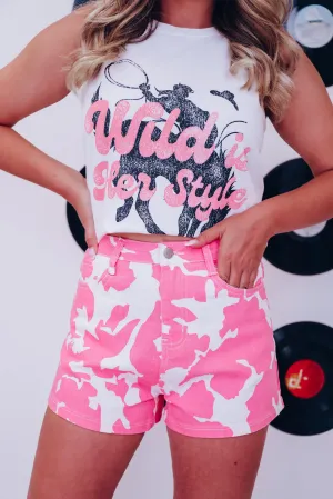 Dottie Cow Print Denim Shorts - Pink