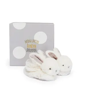 Doudou et Compagnie Birth Gift Box Taupe Rabbit Slippers with Rattle