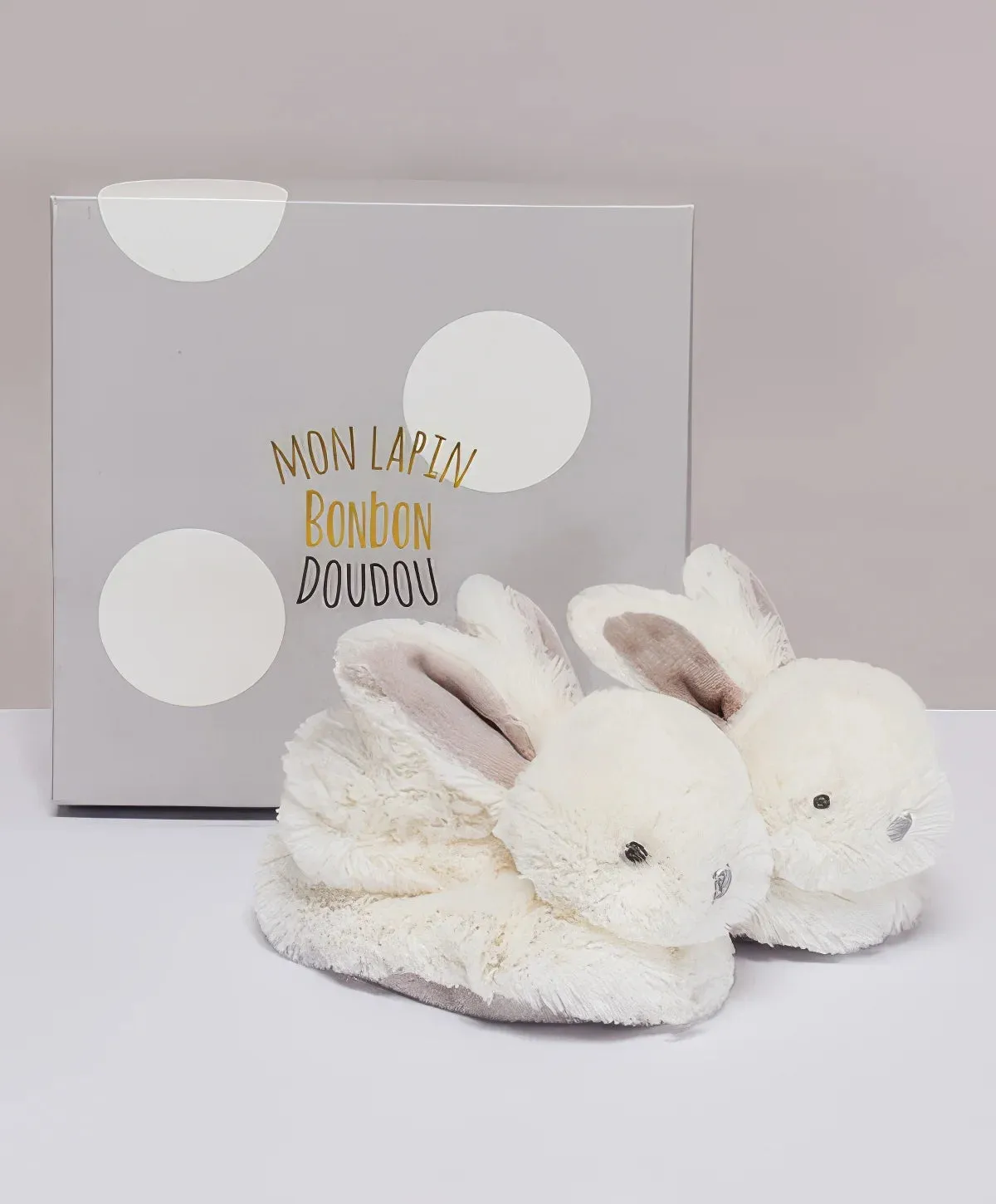 Doudou et Compagnie Birth Gift Box Taupe Rabbit Slippers with Rattle