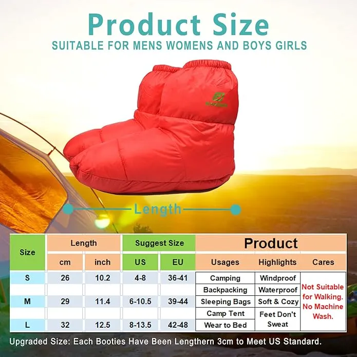 Down Booties Warm Socks for Men & Women - Ultralight Sleeping Sock for Camp, Backpacking - Soft & Cozy Camping Sleeping Bag Tent Down Slippers Foot Warmer