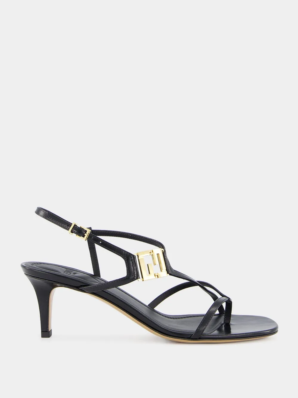 FFold Black leather medium-heeled sandals