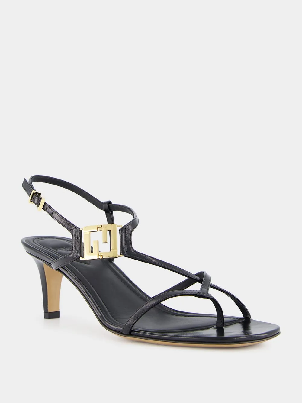 FFold Black leather medium-heeled sandals