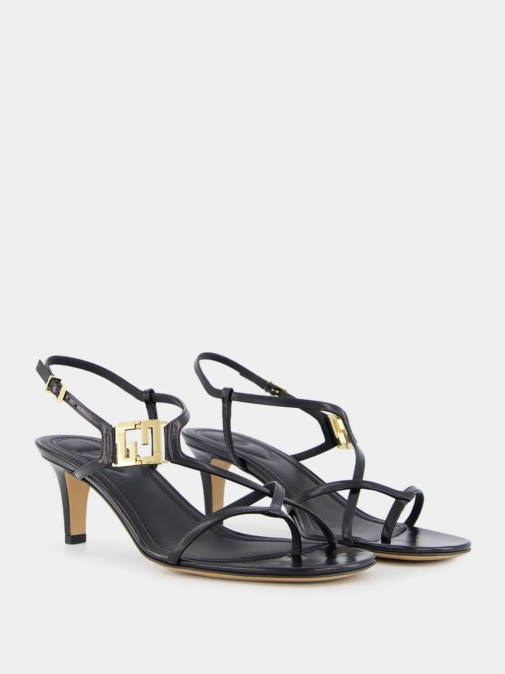 FFold Black leather medium-heeled sandals
