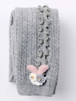 Light Grey Flower Frills Bunny Footless Girls Tights/ Leggings