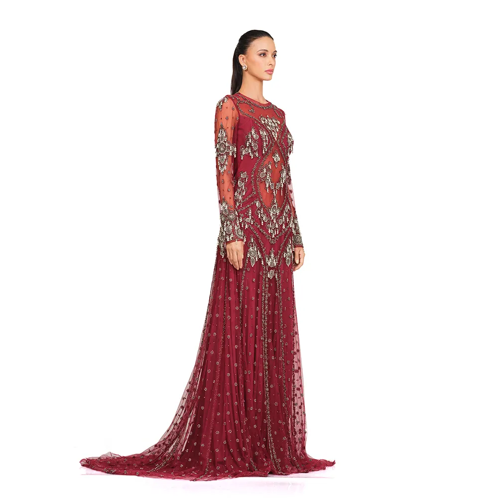Maroon Hand Embroidered Gown