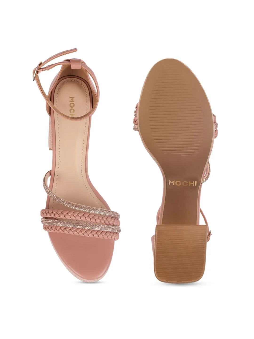 Mochi Women Woven Design Block Heel Sandals with Western - Embellished