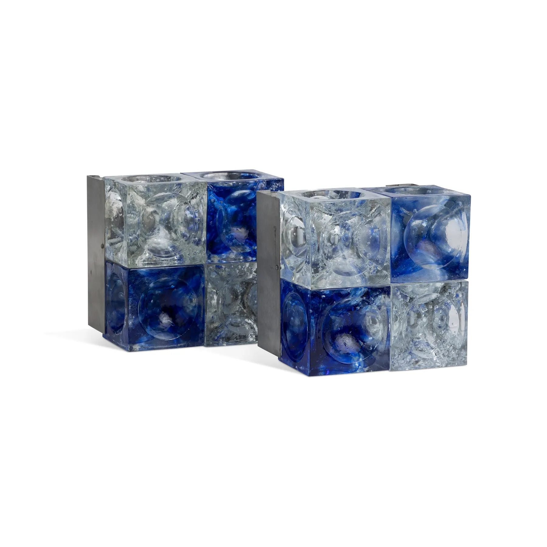 Pair Of Blue and Clear Glass Cube Sconces by Poliarte