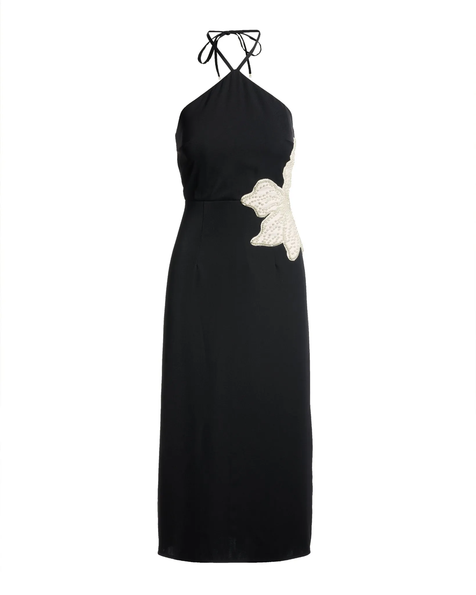 Pearl Embellished Flower Halter Column Dress Black