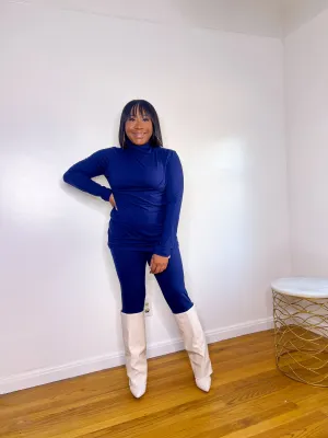 [Plus] Microfiber Mock Neck Legging Sets- Navy