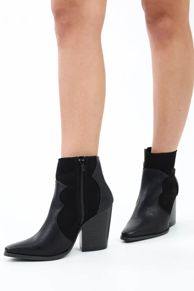 Pointy Toe Western Contrast Cowgirl Bootie -Camel