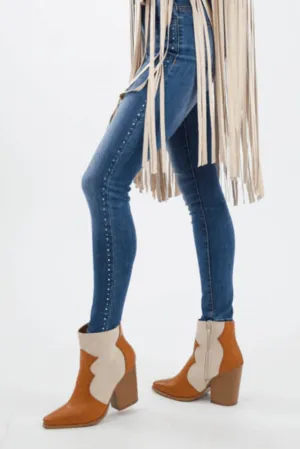 Pointy Toe Western Contrast Cowgirl Bootie -Camel