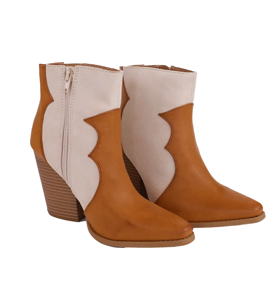 Pointy Toe Western Contrast Cowgirl Bootie -Camel