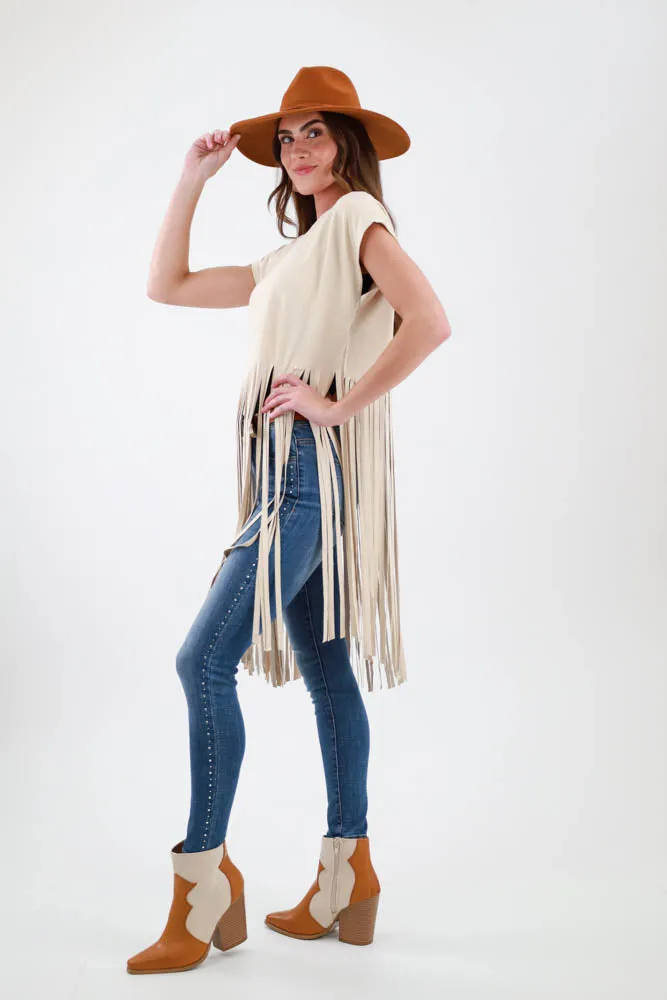 Pointy Toe Western Contrast Cowgirl Bootie -Camel