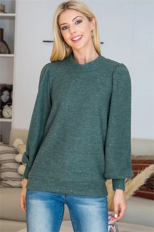 Puff Sleeve Crew Neckline Glitter Detail Top