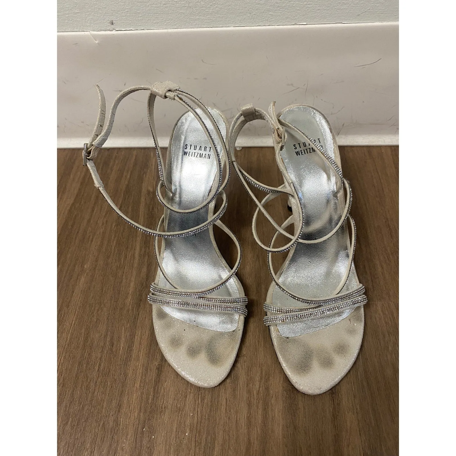 Stuart Weitzman Gray Diamond Crystal Strappy High Heeled Sandals Sz 9