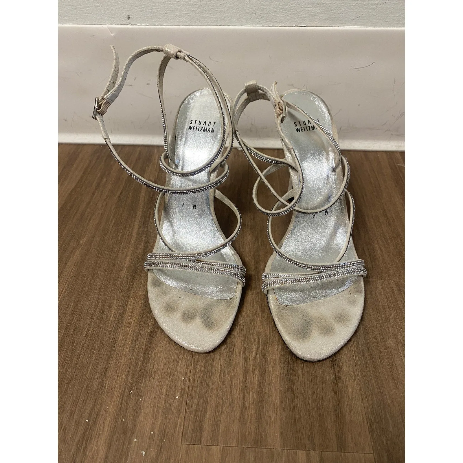 Stuart Weitzman Gray Diamond Crystal Strappy High Heeled Sandals Sz 9
