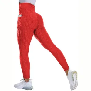 Textured High Rise Leggings - Red With Pockets