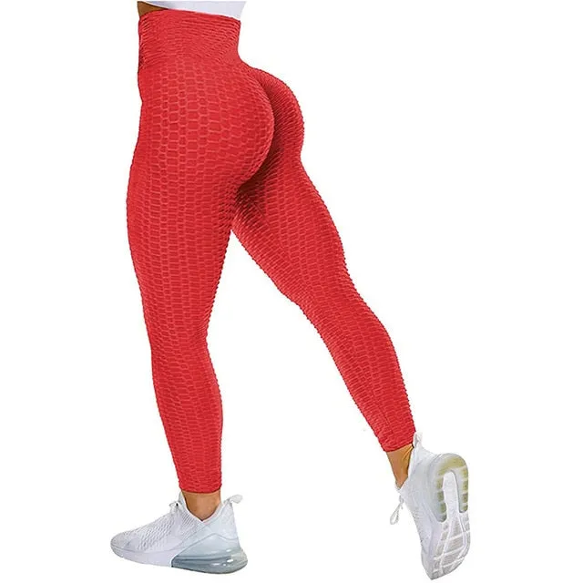 Textured High Rise Leggings - Red With Pockets