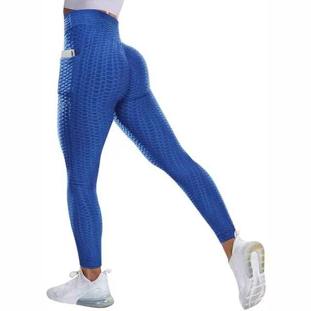 Textured High Rise Leggings - Red With Pockets