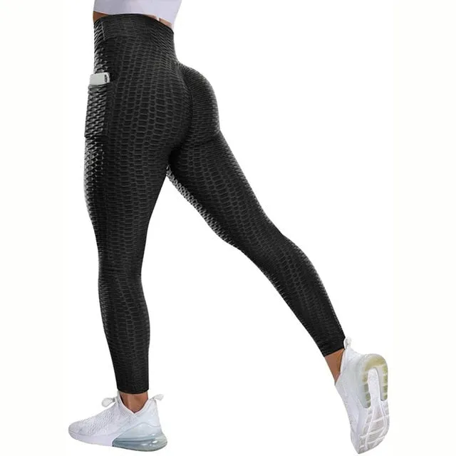 Textured High Rise Leggings - Red With Pockets