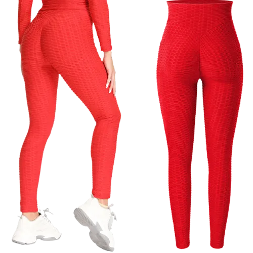 Textured High Rise Leggings - Red With Pockets